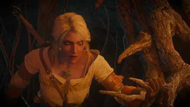 Ciri holding a flower beside a tree in a warmly lit scene