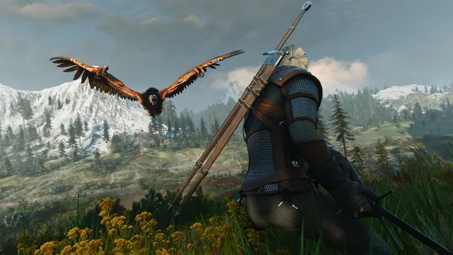 Geralt faces a flying griffin in a mountainous landscape