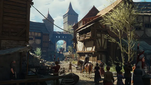 A busy market street and stone gateway in Novigrad